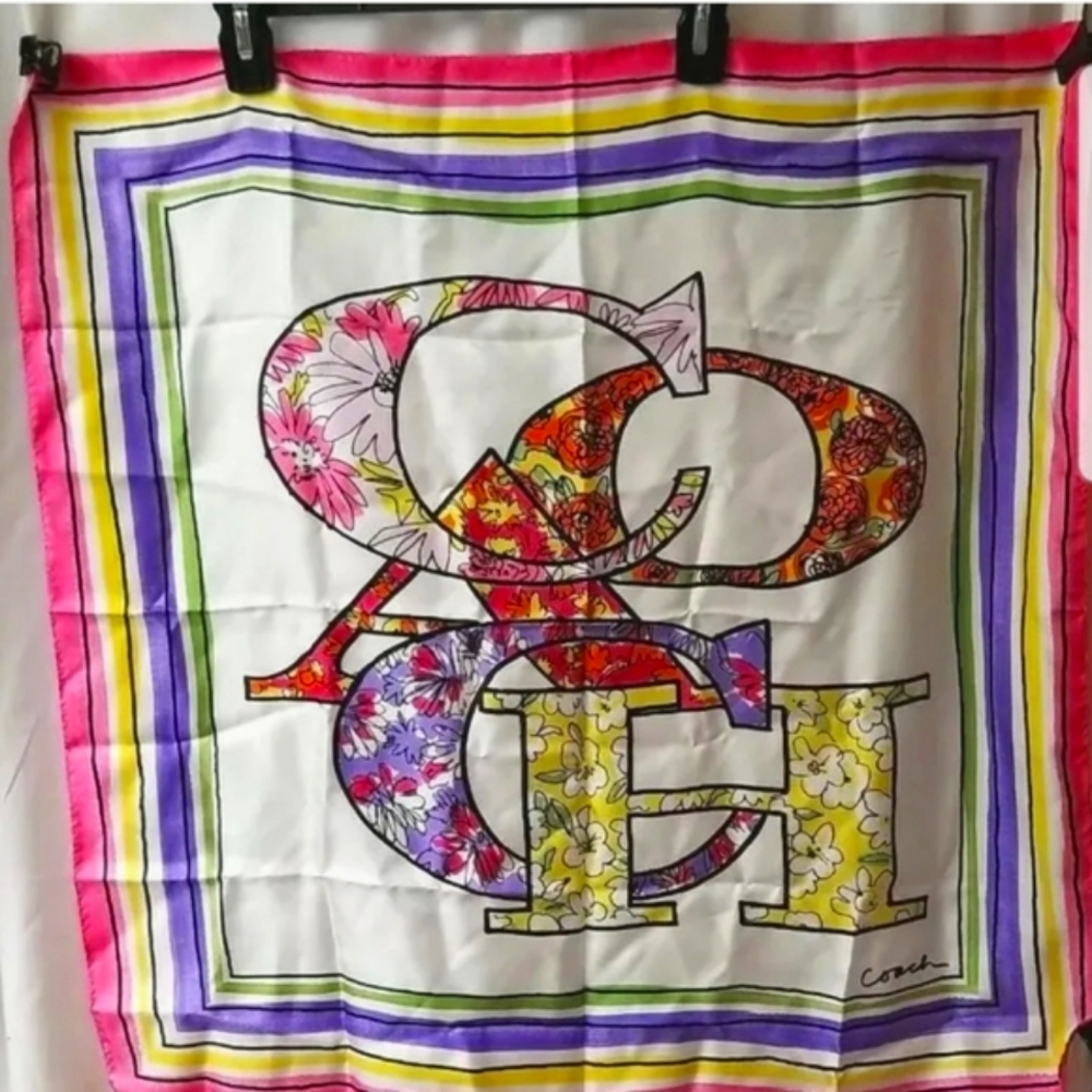 Coach Floral Flower Patchwork Logo 27" Square Silk Scarf Perfect for fall! NEW!